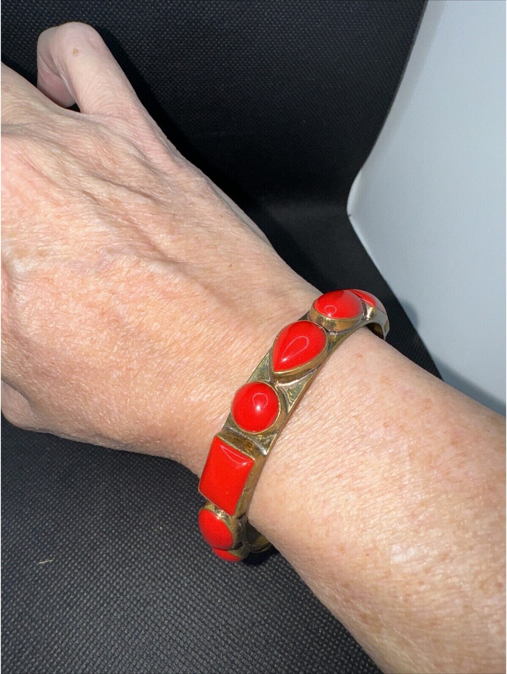 Red Coral Capon Bangle, Brass Statement Bracelet